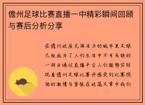 儋州足球比赛直播一中精彩瞬间回顾与赛后分析分享